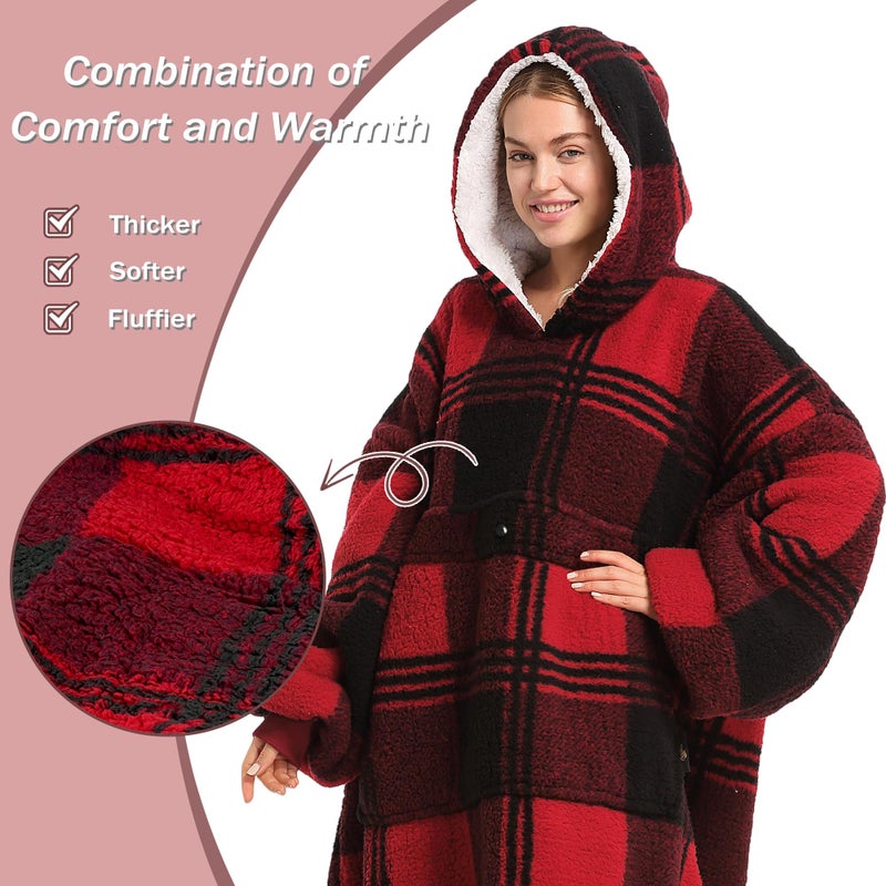 Catalonia Red Plaid Oversized Wearable Blanket Hoodie Sweatshirt, Comfortable Sherpa Lounging Pullover for Adults Men Women Wife Girlfriend, Gift for Her - Image 4